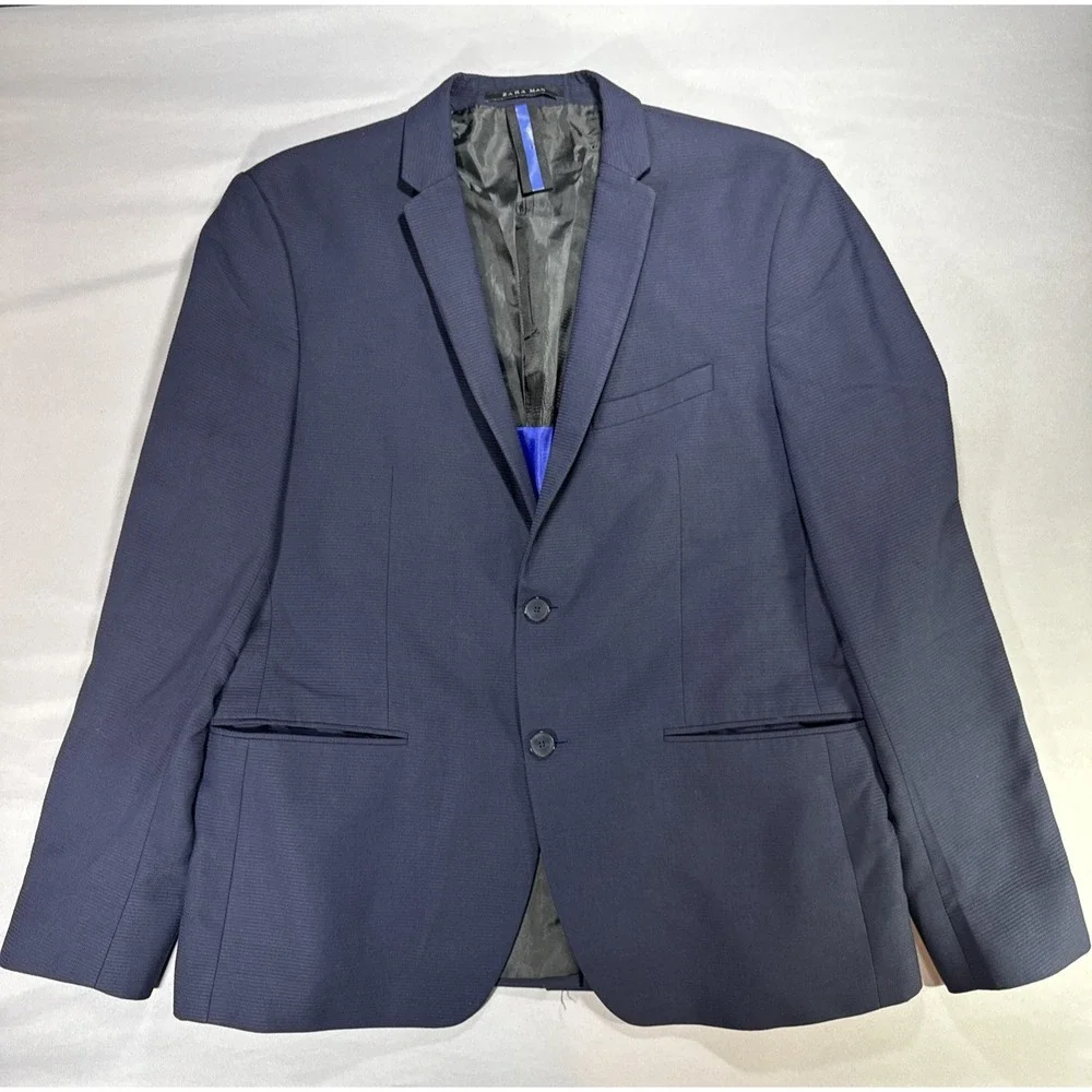 Zara Man Blazer Mens 46R Navy Two Button Slim Sport Coat Modern Minimal Formal
